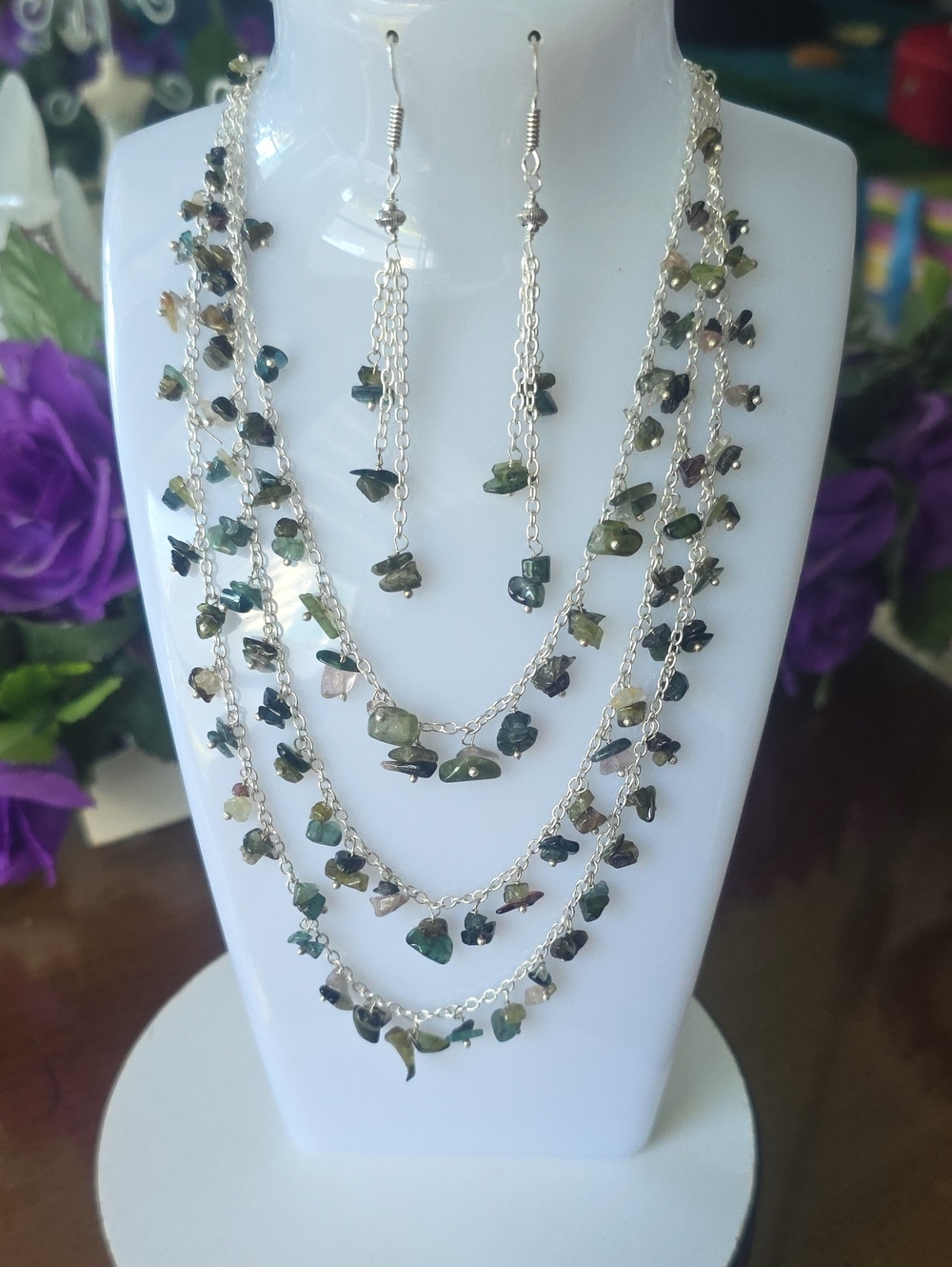 Multi-Strand Green Tourmaline Chip Necklace and Earrings Set